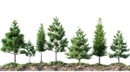 Row of various evergreen trees on rocky ground, isolated on white background. Ideal for nature, forestry, and landscape design themes.