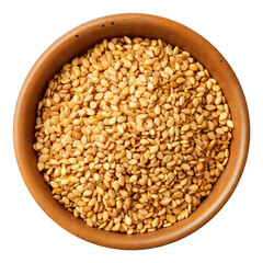 Sesame seeds in a small dish top view isolated on transparent white background, clipping path