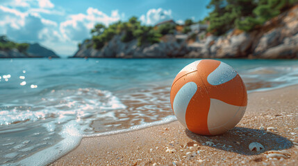 Obraz premium A colorful ball rests on the soft sand of a tropical beach, with turquoise waves lapping at the shore under a bright summer sky 