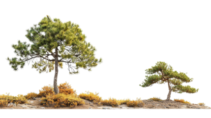 Two pine trees in a dry landscape with golden bushes, showcasing the contrast in tree sizes and the natural beauty of the environment.