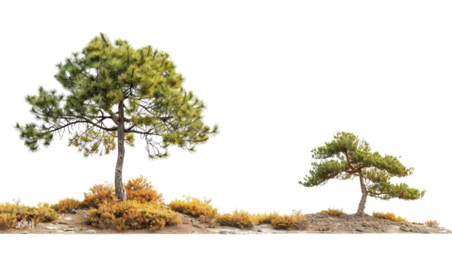 Two pine trees in a dry landscape with golden bushes, showcasing the contrast in tree sizes and the natural beauty of the environment.