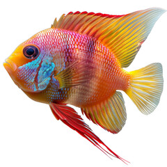 Fototapeta premium Vibrant tropical fish with colorful scales in shades of red, orange, and yellow, isolated on a white background.