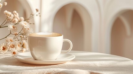 Obraz premium A cup of coffee sitting invitingly in a large elegant room with creamy beige color tones and large arches. 