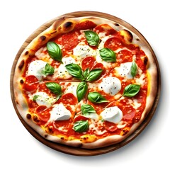 An artisanal wood-fired pizza with mozzarella, basil, and tomato sauce