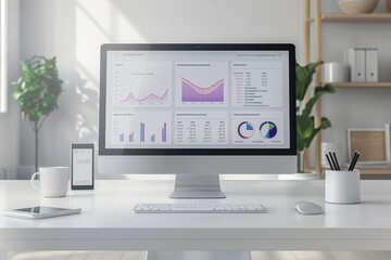 A computer monitor displays a number of graphs and charts. finance and investment concept