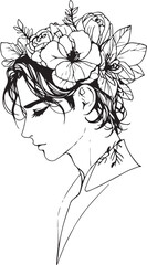 Modern black line art portrays a young man with dark hair, wearing a flower crown, with a thoughtful expression on his face.
