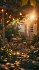 Cozy backyard garden with string lights