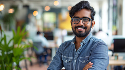Fototapeta premium portrait of an Indian software engineer standing in modern office looking at camera, tech worker