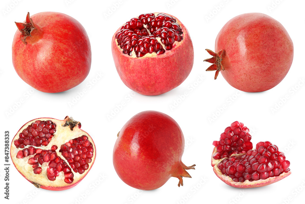 Canvas Prints whole and cut ripe pomegranates isolated on white, set - Canvas Prints