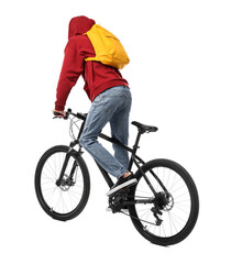 Obraz premium Man with backpack riding bicycle on white background