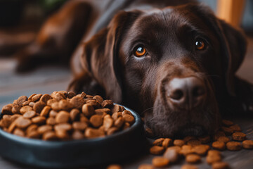 A brown dog lays on the floor next to a bowl of dog food