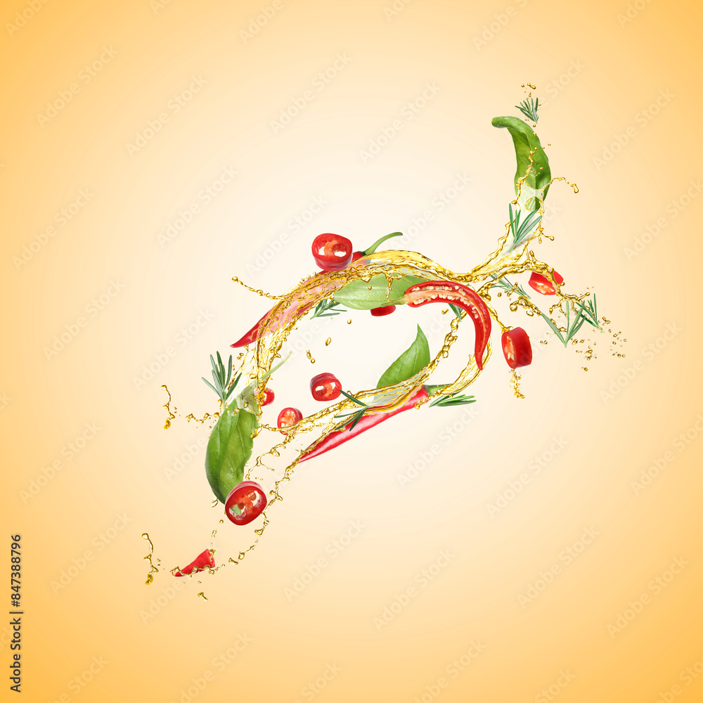 Wall mural cooking oil splash with chili pepper, basil and rosemary in air on golden background