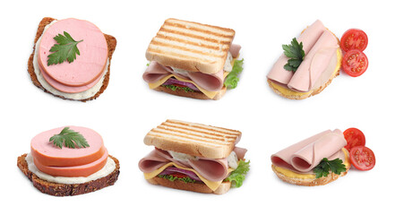 Delicious sandwiches with boiled sausage isolated on white, set © New Africa