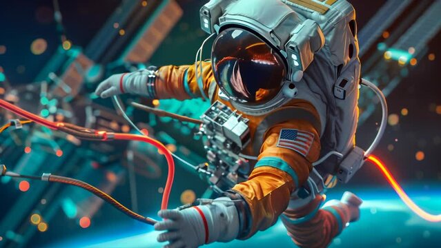 Astronaut floating in a neon-lit space environment with vibrant colors and glowing patterns. The reflective helmet and detailed suit create a futuristic and dynamic scene. 