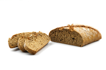 Sliced homemade sourdough rye bread with rye flour on white textured background. Top view or...