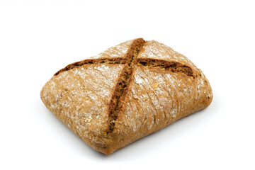 Sliced homemade sourdough rye bread with rye flour on white textured background. Top view or flat-lay.
