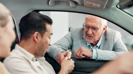 New car, purchase and couple with salesman keys in hand for transportation, test drive and insight or details. Conversation, senior man and customer discuss for vehicle safety, hiring or buy