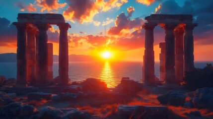 Fototapeta premium The sun is setting over the ocean, casting a warm glow on the water