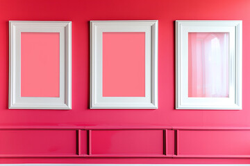 Three modern frames with white borders on a vibrant raspberry gallery wall.