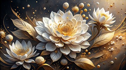 A painting of three white flowers with gold accents