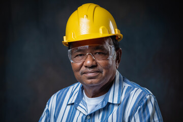 Portrait, Senior factory worker or engineer face wearing yellow helmet and goggles, smiling, looking at camera on dark background.