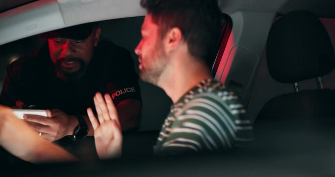 Traffic, ticket and man in car with police, lights and frustrated for drunk driving, speed or siren at night. Travel, transport and driver in vehicle with highway patrol, stop or compliance in street