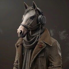 Portrait of a horse in stylish elegant clothes and with headphones on his head