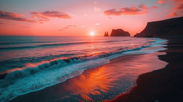 Icelandic Black Coast at Sunset, Volcanic Cliffside with Blue North Atlantic Ocean Water, Shot in 8K Resolution 4320p  