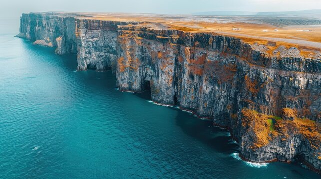 Icelandic Black Coast at Sunset, Volcanic Cliffside with Blue North Atlantic Ocean Water, Shot in 8K Resolution 4320p  