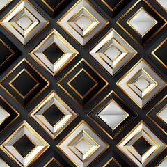 A seamless pattern of geometric shapes and squares in gold, white and black colors. 