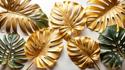 A collection of gold and green leaves are arranged in a row