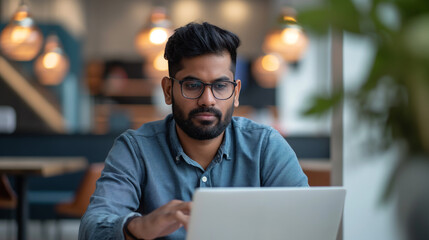 Fototapeta premium portrait of an Indian software engineer or web developer working on laptop in modern office looking at camera, tech worker
