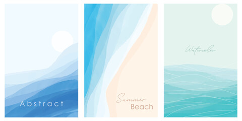 Set of Abstract blue beach watercolor waves background banner. Summer beach banner. Watercolor texture. Vector illustration.