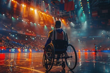 A man in a wheelchair is sitting in a stadium. basket ball sport.