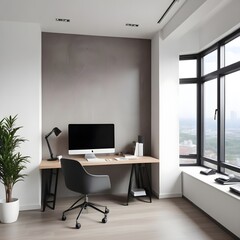 Modern beautiful office interior with workplace near panoramic window. Mock up wall
