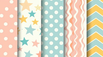 AI generated illustration of pastel-colored patterns, including polka dots, large circles, stars