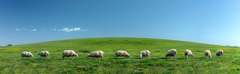 Fototapeta premium Sheep eating grass with a view of a wide meadow