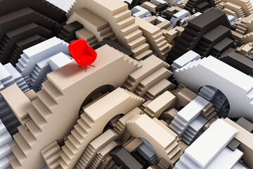 Red chair atop a labyrinth of staircases