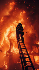 Firefighter extinguishing a fire above a staircase