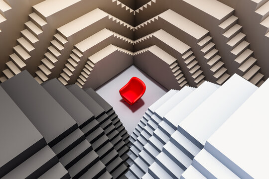 Modern chair amidst geometric staircase maze