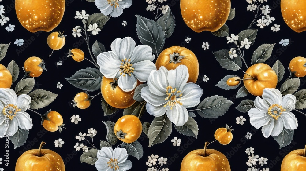 Poster exquisite floral and citrus pattern on dark background featuring yellow lemons, white flowers, and g