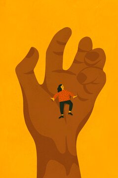 Large hand threatens to crush a person