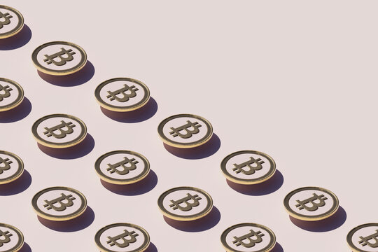 3D Render of Bitcoin Coins in Rows