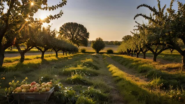 Golden Hour in the Orchard: Rows of Trees at Sunset