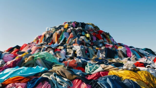Large pile of discarded clothes forming a mountain against a clear blue sky. The colorful array of garments highlights the issue of textile waste and environmental impact. 
