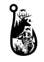 Deer Duck Fish Hunting | Outdoor Hunting | Duck Hunting | Fish Hunting | Antler | Fish | Original Illustration | Vector and Clipart | Cutfifle and Stencil