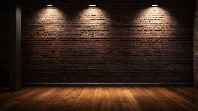 Empty room with wall and spotlights Orange brick wall, brown wooden floor