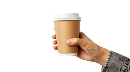 Hand holding a Blank cup of coffee isolated on transparent white background, clipping path