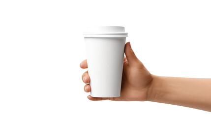 Obraz premium Hand holding a Blank cup of coffee isolated on transparent white background, clipping path