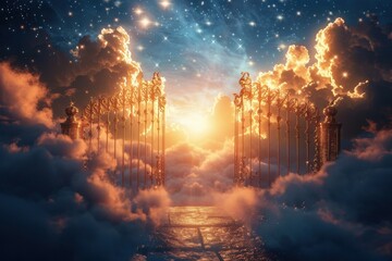 A painting of a gate with a sun shining through it